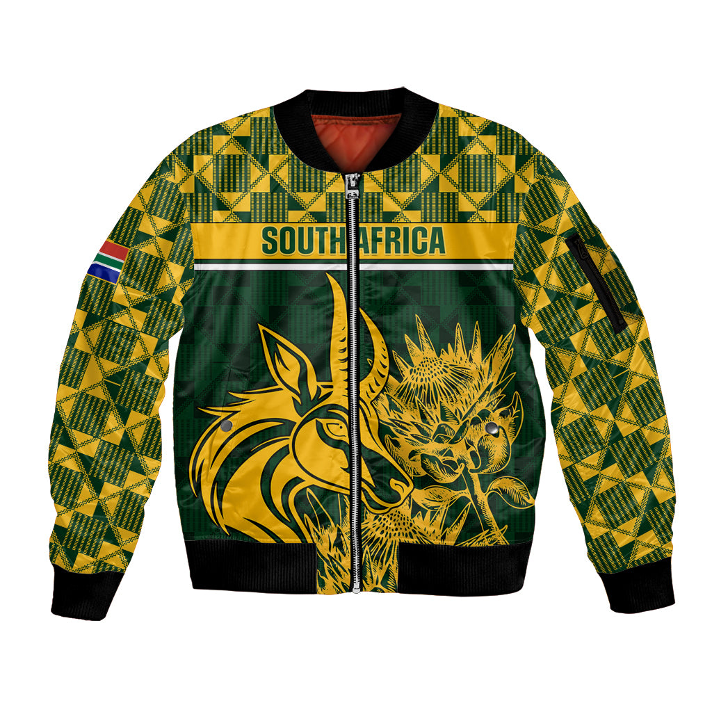 Green zip bomber jacket with gold South Africa graphic and patterned sleeves