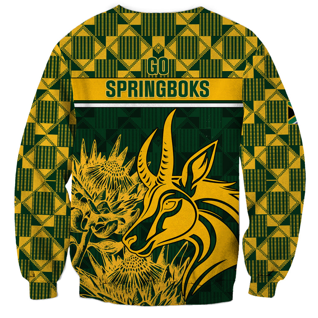 Green rugby sweatshirt back with GO! SPRINGBOKS text and springbok face graphic