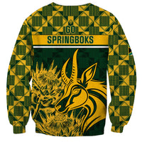 Green rugby sweatshirt back with GO! SPRINGBOKS text and springbok face graphic