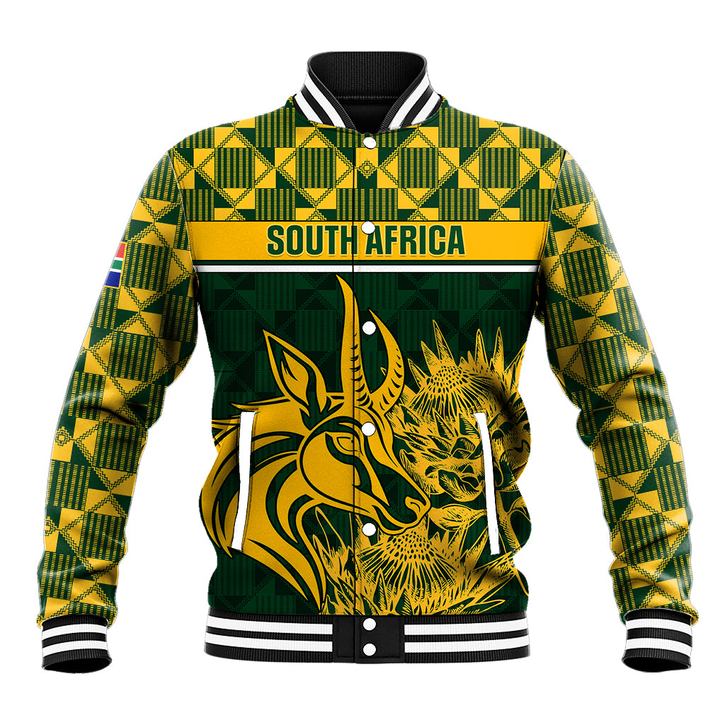 Green baseball jacket with striped collar, yellow check sleeves, South Africa springbok graphic
