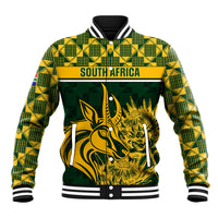 Green baseball jacket with striped collar, yellow check sleeves, South Africa springbok graphic