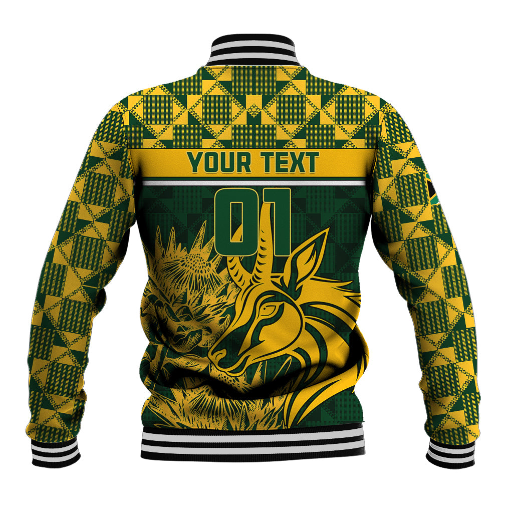 Green baseball jacket with striped ribbed collar, yellow check sleeves, 01 springbok graphic
