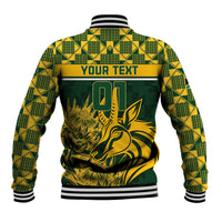 Green baseball jacket with striped ribbed collar, yellow check sleeves, 01 springbok graphic