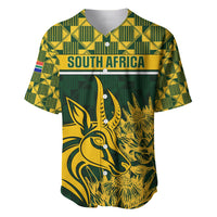 Green and yellow rugby baseball jersey, polo collar, South Africa text and bold kangaroo art