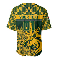 Back view green and yellow rugby baseball jersey, YOUR TEXT, 01 number, kangaroo graphic