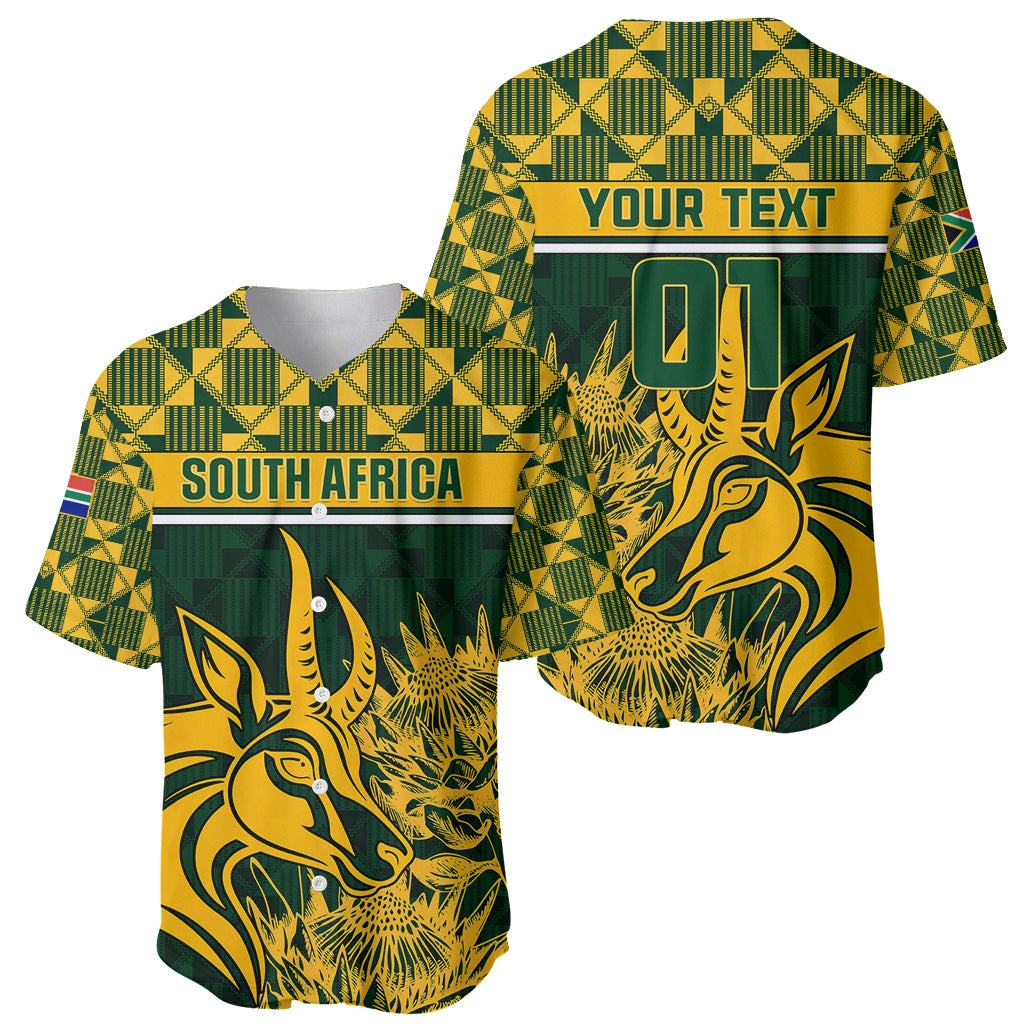 Pair of green and yellow rugby baseball jerseys, one South Africa front, one back with 01