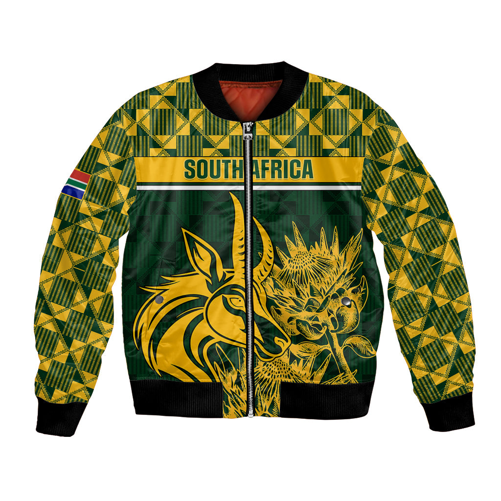 Green bomber jacket with yellow South Africa graphic and geometric patterned sleeves