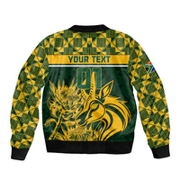 Green bomber jacket with yellow 01 graphic, geometric pattern, and striped yoke
