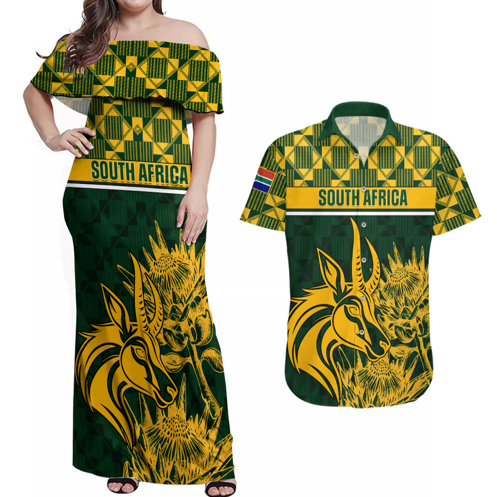 Custom South Africa Rugby Couples Matching Off Shoulder Maxi Dress and Hawaiian Shirt Go Springboks African Pattern - Wonder Print Shop