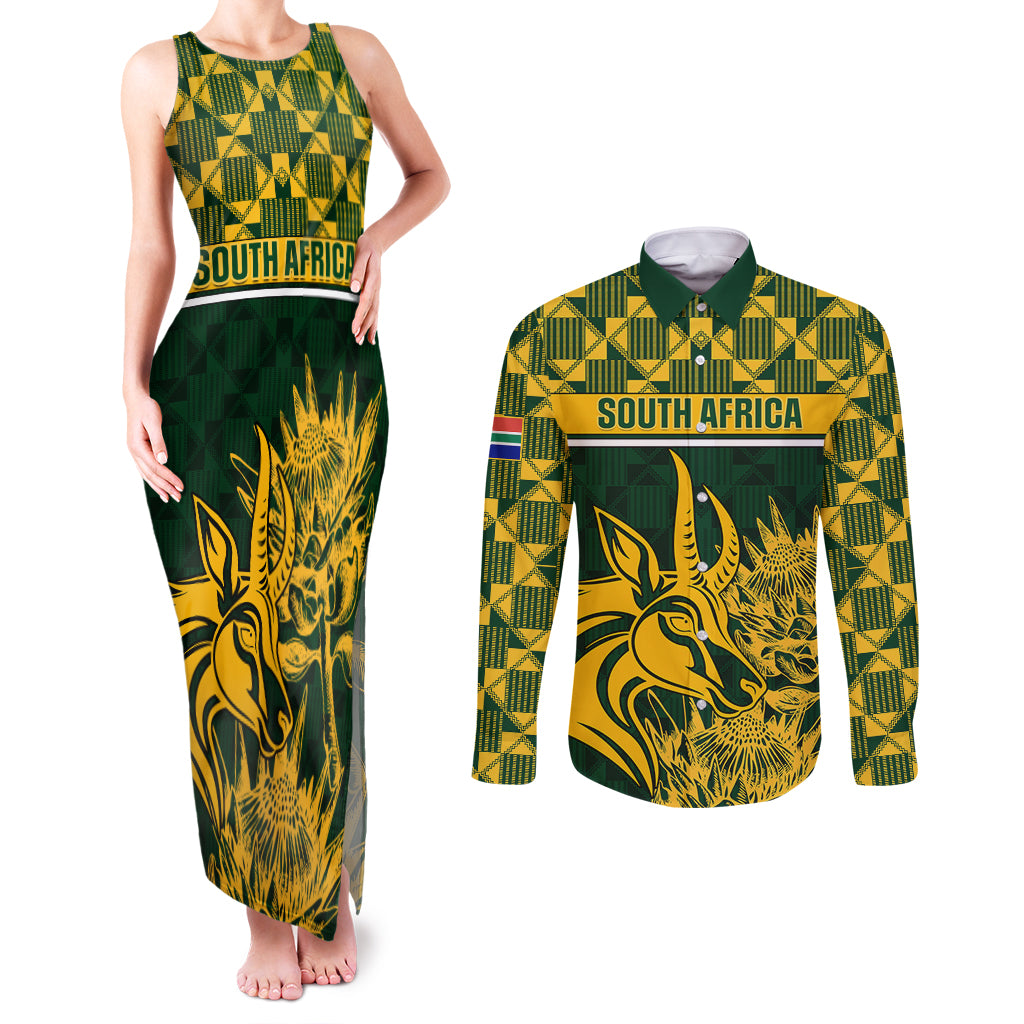 Custom South Africa Rugby Couples Matching Tank Maxi Dress and Long Sleeve Button Shirts Go Springboks African Pattern - Wonder Print Shop