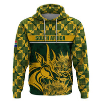 Green pullover hoodie with South Africa band and gold springbok graphic
