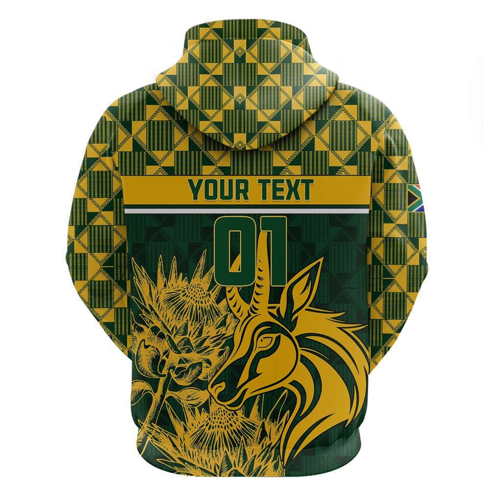 Green pullover hoodie back with 'YOUR TEXT', '01', and gold springbok design