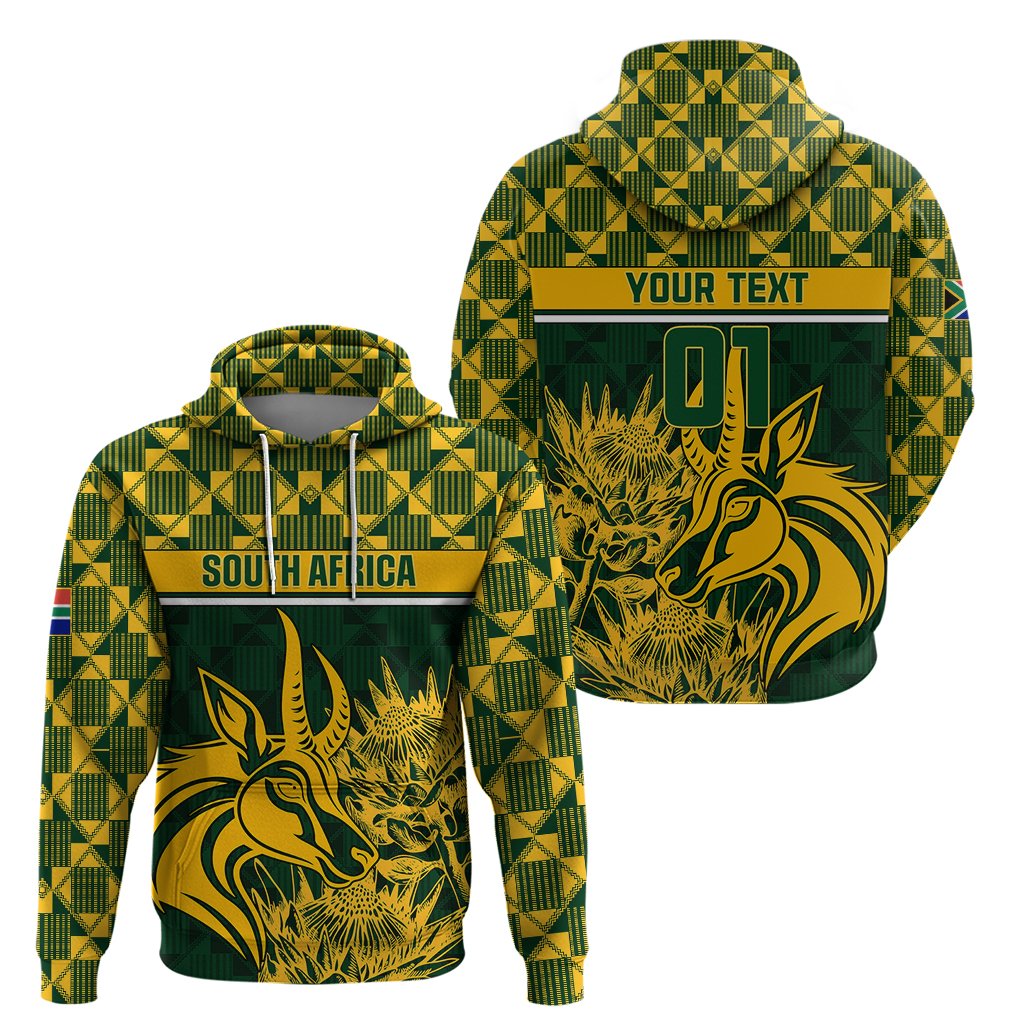 Green pullover hoodie with South Africa band, '01', and gold springbok artwork