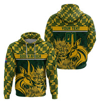 Green pullover hoodie with South Africa band, '01', and gold springbok artwork