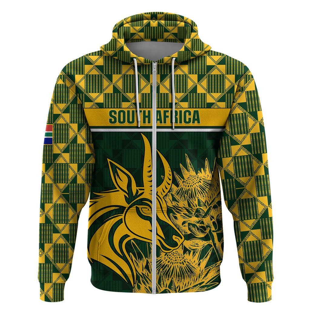 Green pullover hoodie front with hood, South Africa band, and gold springbok print