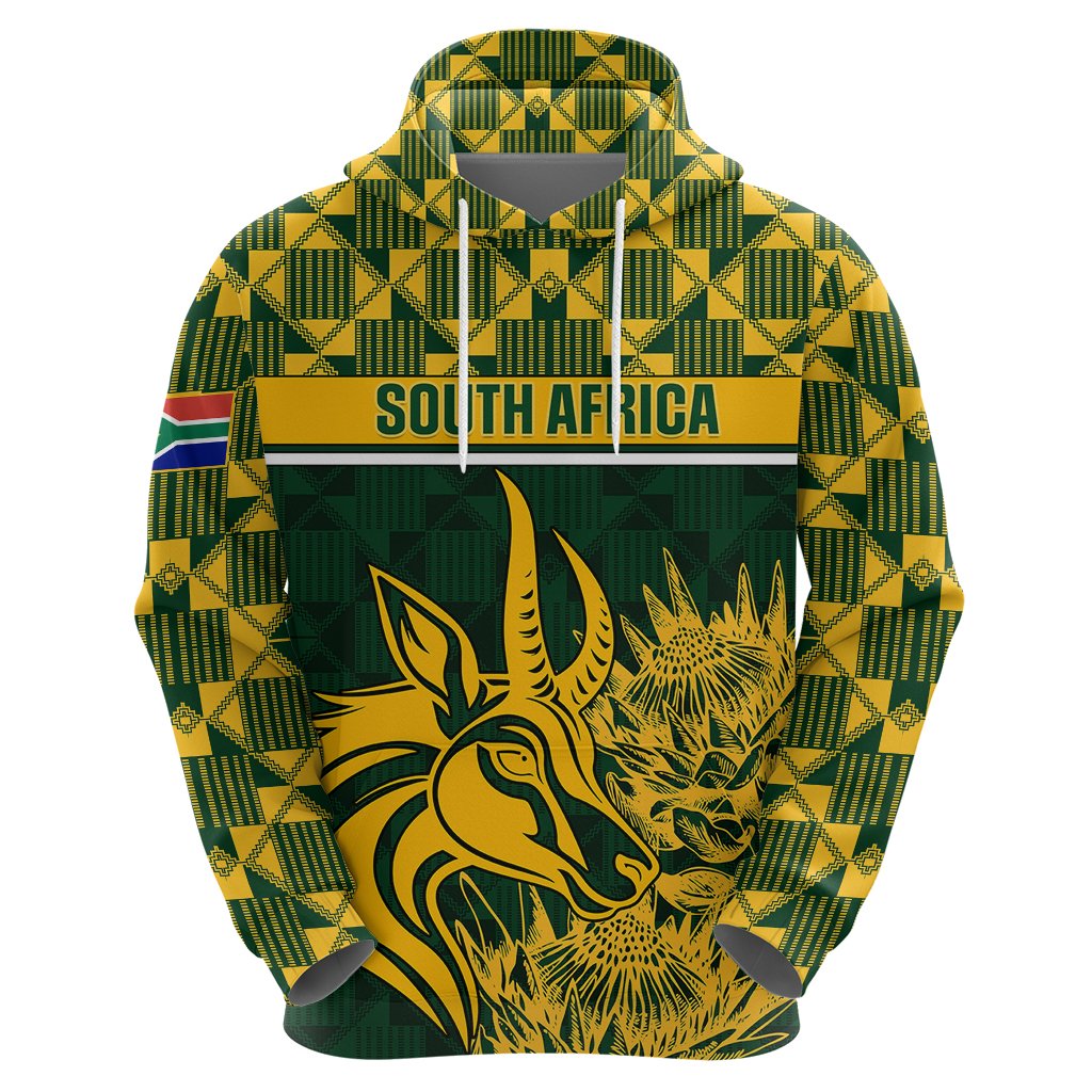Green pullover hoodie back with South Africa band and large gold springbok graphic