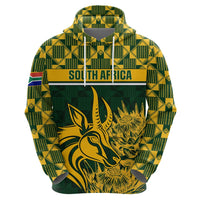 Green pullover hoodie back with South Africa band and large gold springbok graphic