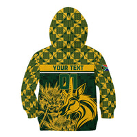 Kids green rugby hoodie with hood, yellow animal graphic and YOUR TEXT on back