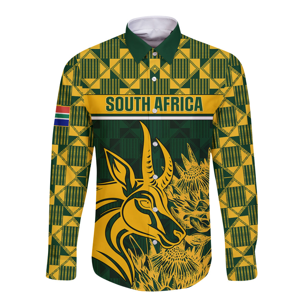 Green long-sleeve button rugby shirt with South Africa logo and gold animal graphic
