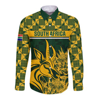 Green long-sleeve button rugby shirt with South Africa logo and gold animal graphic