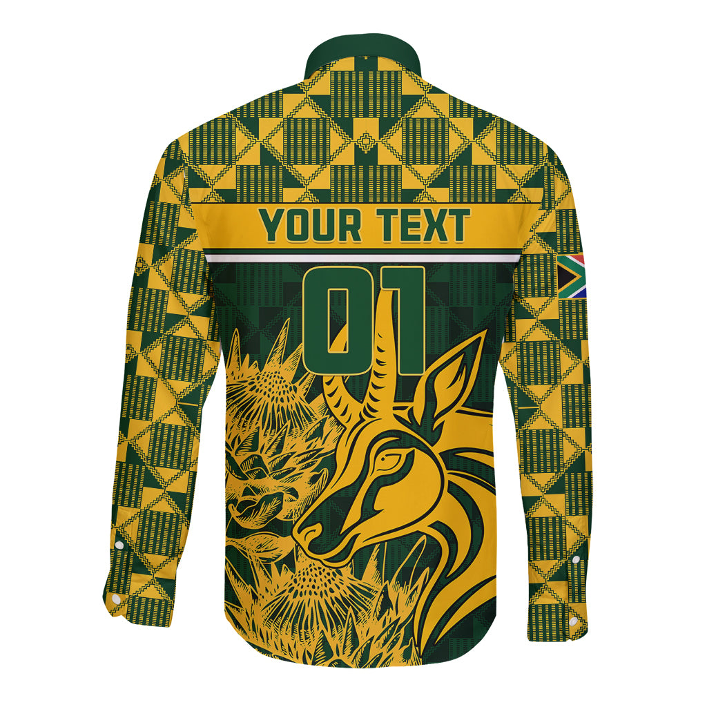 Green long-sleeve button rugby shirt with yellow geo pattern and 'YOUR TEXT' 01