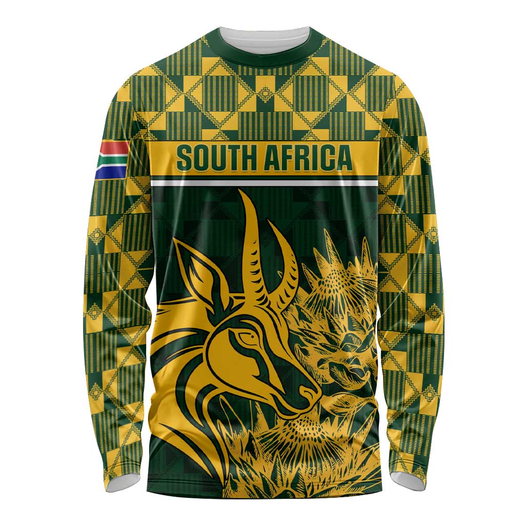 Green long-sleeve rugby shirt with South Africa banner and golden springbok graphic