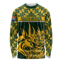 Green long-sleeve rugby shirt with South Africa banner and golden springbok graphic