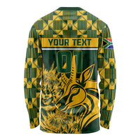 Green long-sleeve rugby shirt with 'YOUR TEXT' band and large golden springbok graphic