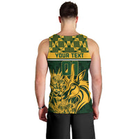 Men's green rugby tank top back with YOUR TEXT and 01 graphic, yellow pattern, sleeveless