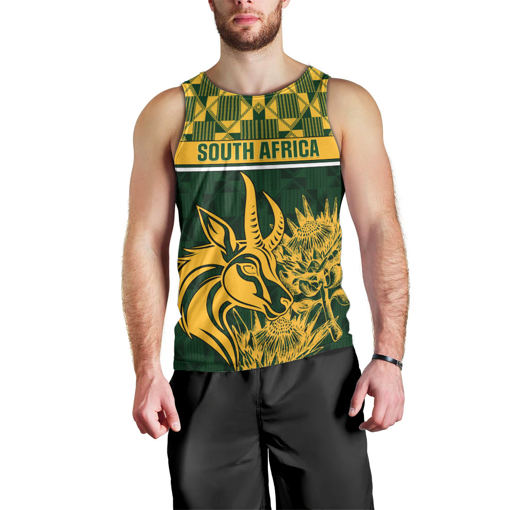 Men's green rugby tank top with South Africa strip and yellow animal graphic, sleeveless