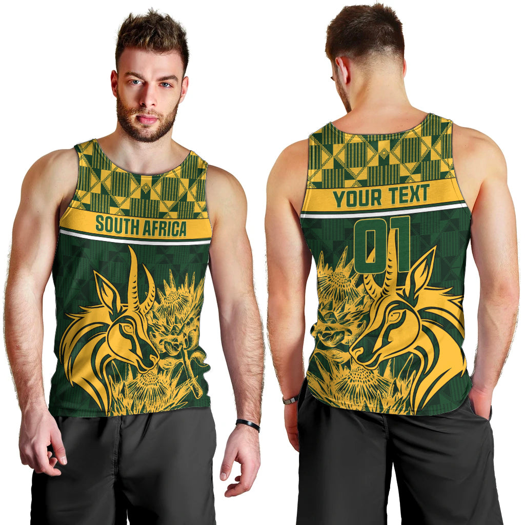 Men's green rugby tank top front and back: South Africa front, YOUR TEXT 01 back