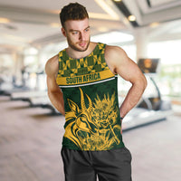 Men's green rugby tank top with South Africa label and large yellow animal print, sleeveless