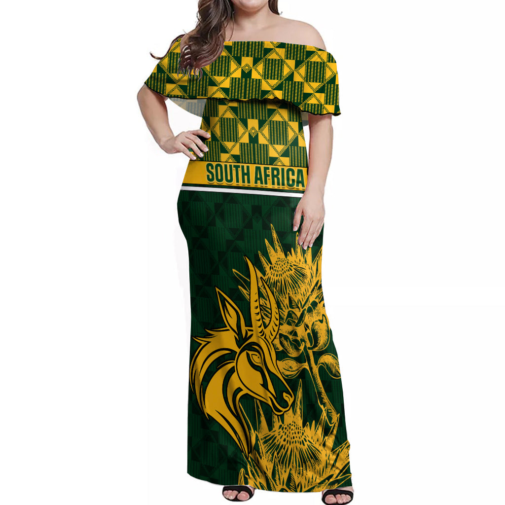 Custom South Africa Rugby Off Shoulder Maxi Dress Go Springboks African Pattern - Wonder Print Shop