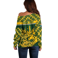 Women’s green off-shoulder sweater with long sleeves, gold pattern and Your Text