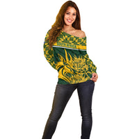Women’s green off-shoulder sweater with long sleeves and yellow South Africa animal graphic