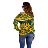 Women’s green off-shoulder sweater with long sleeves, gold animal graphic and Your Text