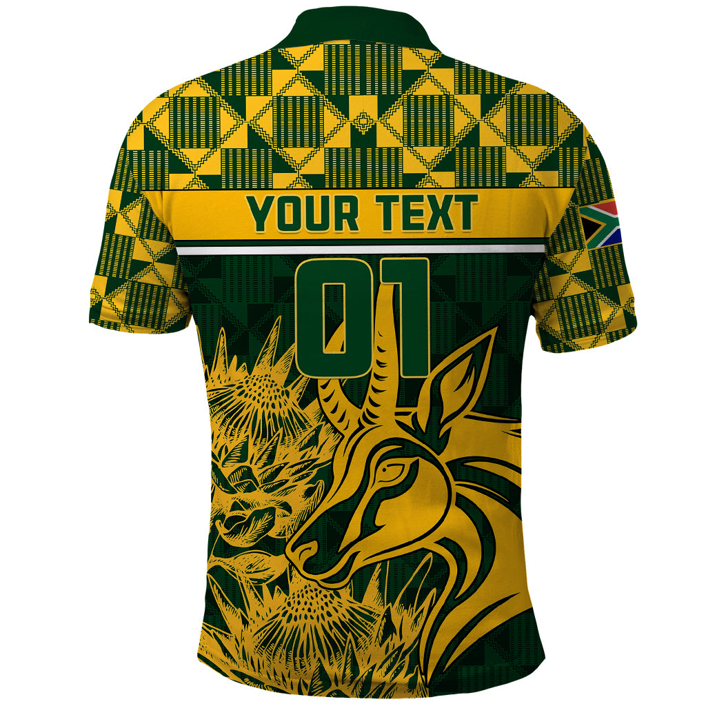 Green rugby polo shirt with yellow Your Text band, 01 number, and springbok print