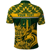 Green rugby polo shirt with yellow Your Text band, 01 number, and springbok print