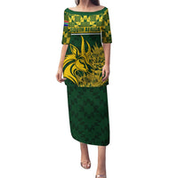 Green long dress with round neck, short sleeves, gold South Africa graphic and geometric hem