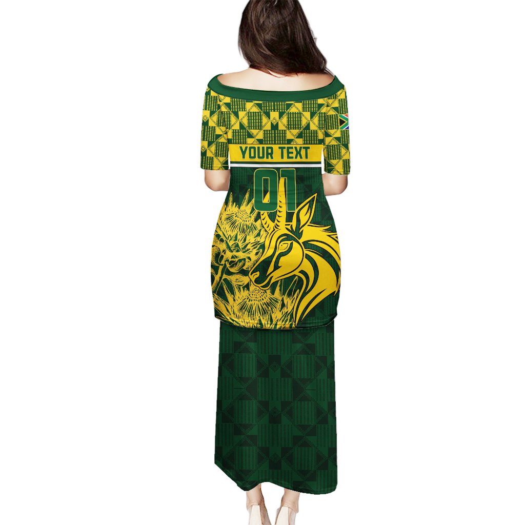Green long dress with round neck, short sleeves, gold animal graphic, Your Text and 01