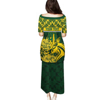 Green long dress with round neck, short sleeves, gold animal graphic, Your Text and 01