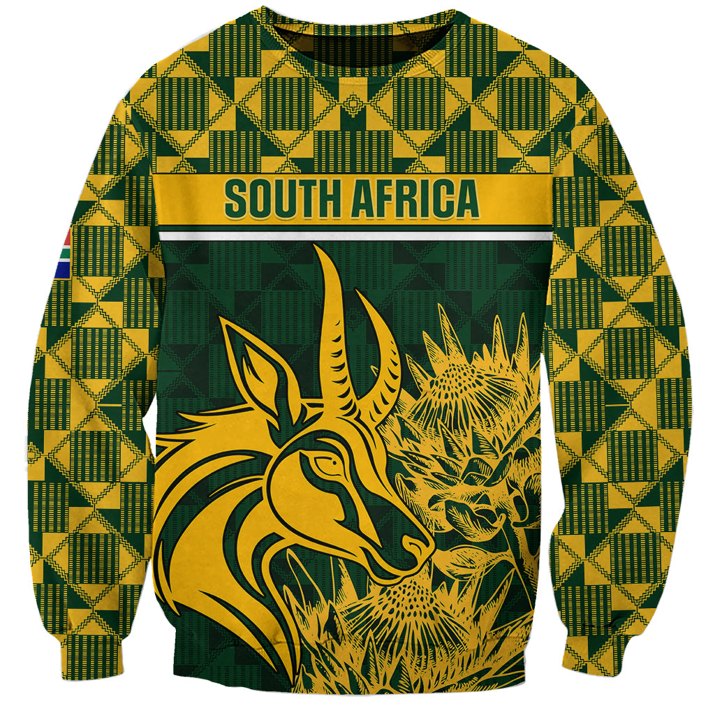 Green rugby sweatshirt with yellow check pattern and South Africa graphic on chest