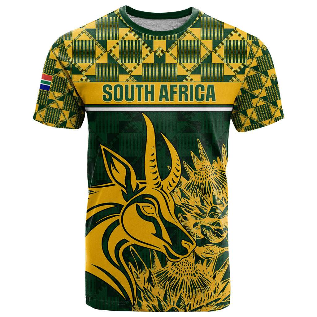Green rugby T-shirt with South Africa text and African animal graphic front