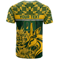 Green rugby T-shirt with custom text panel and African animal graphic front