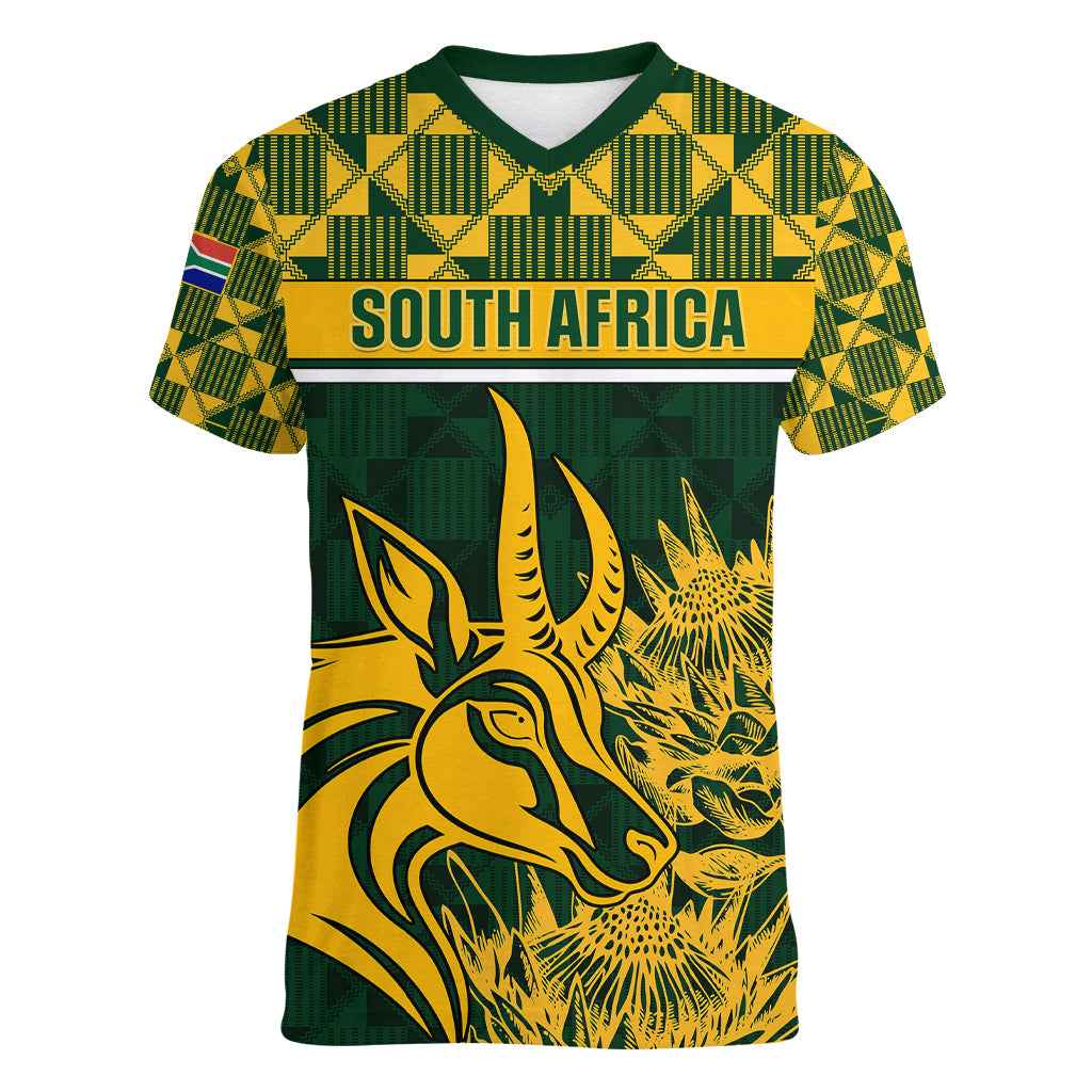 Custom South Africa Rugby Women V Neck T Shirt Go Springboks African Pattern - Wonder Print Shop