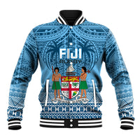 Blue unisex rugby-style varsity jacket with front emblem, patterned sleeves, ribbed trim