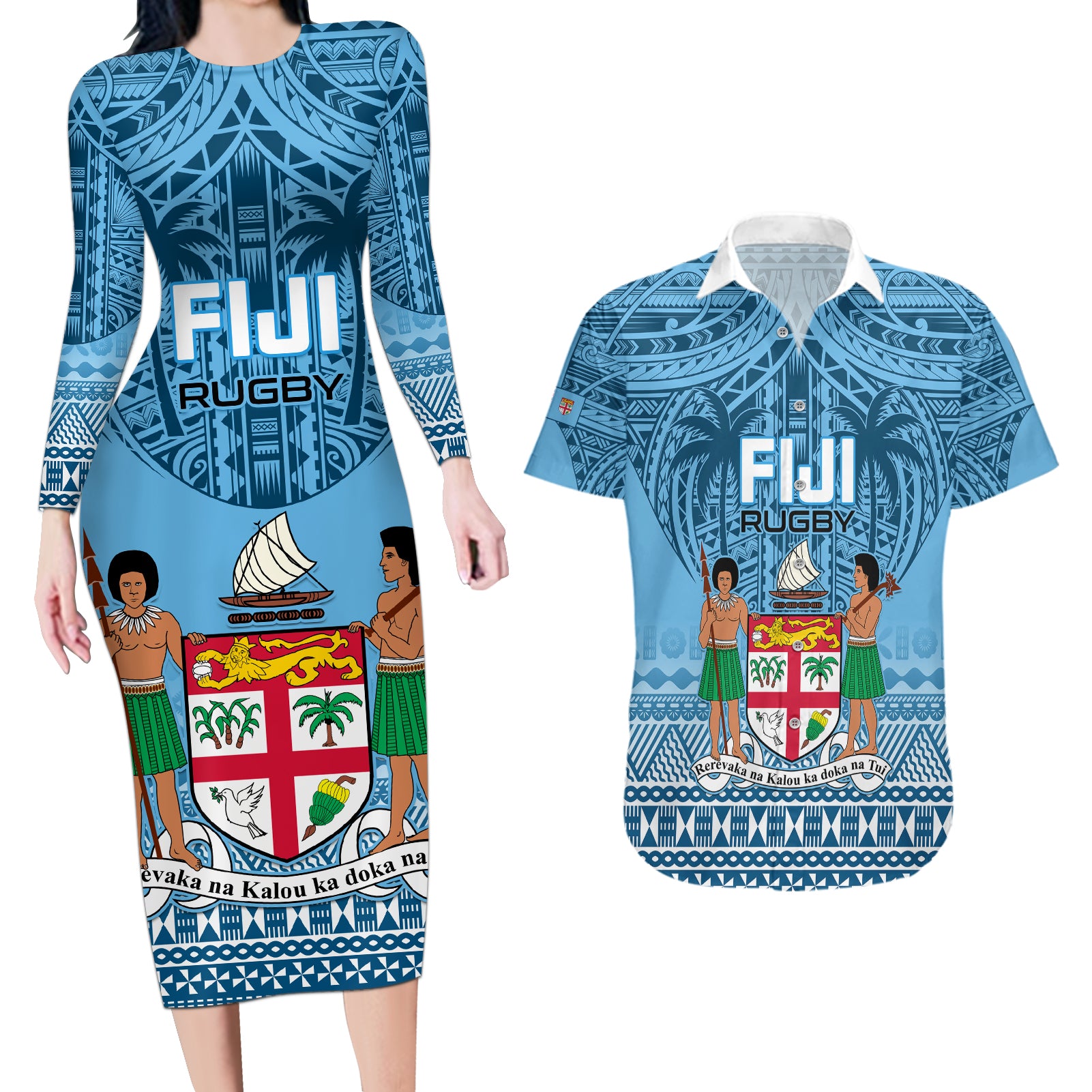 Custom Fiji Rugby Couples Matching Long Sleeve Bodycon Dress and Hawaiian Shirt Fijian Go 2023 World Cup - Wonder Print Shop