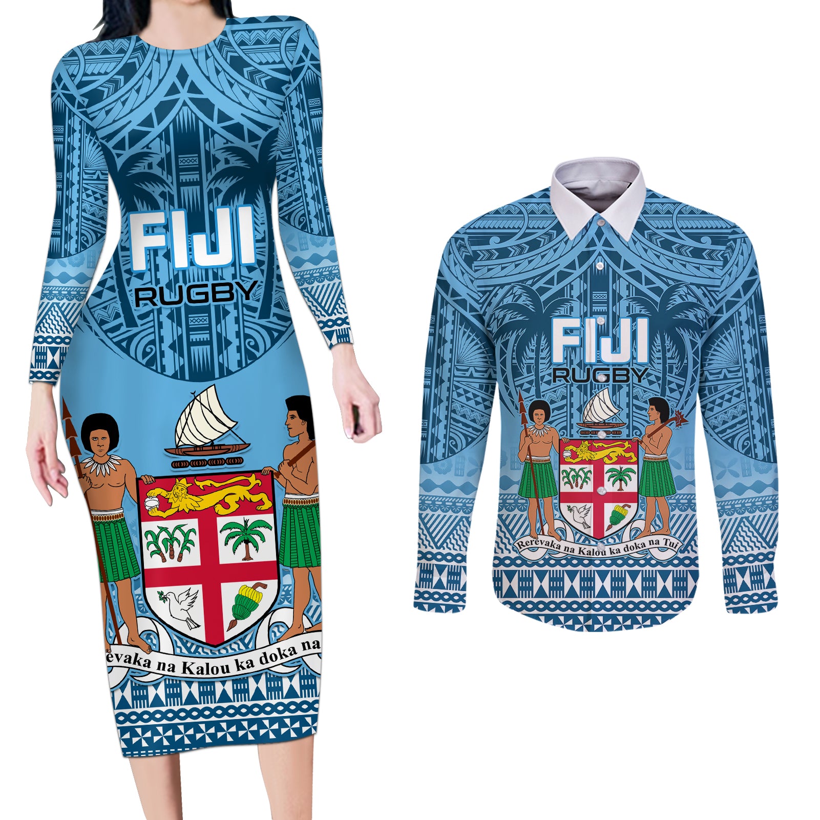 Custom Fiji Rugby Couples Matching Long Sleeve Bodycon Dress and Long Sleeve Button Shirts Fijian Go 2023 World Cup - Wonder Print Shop