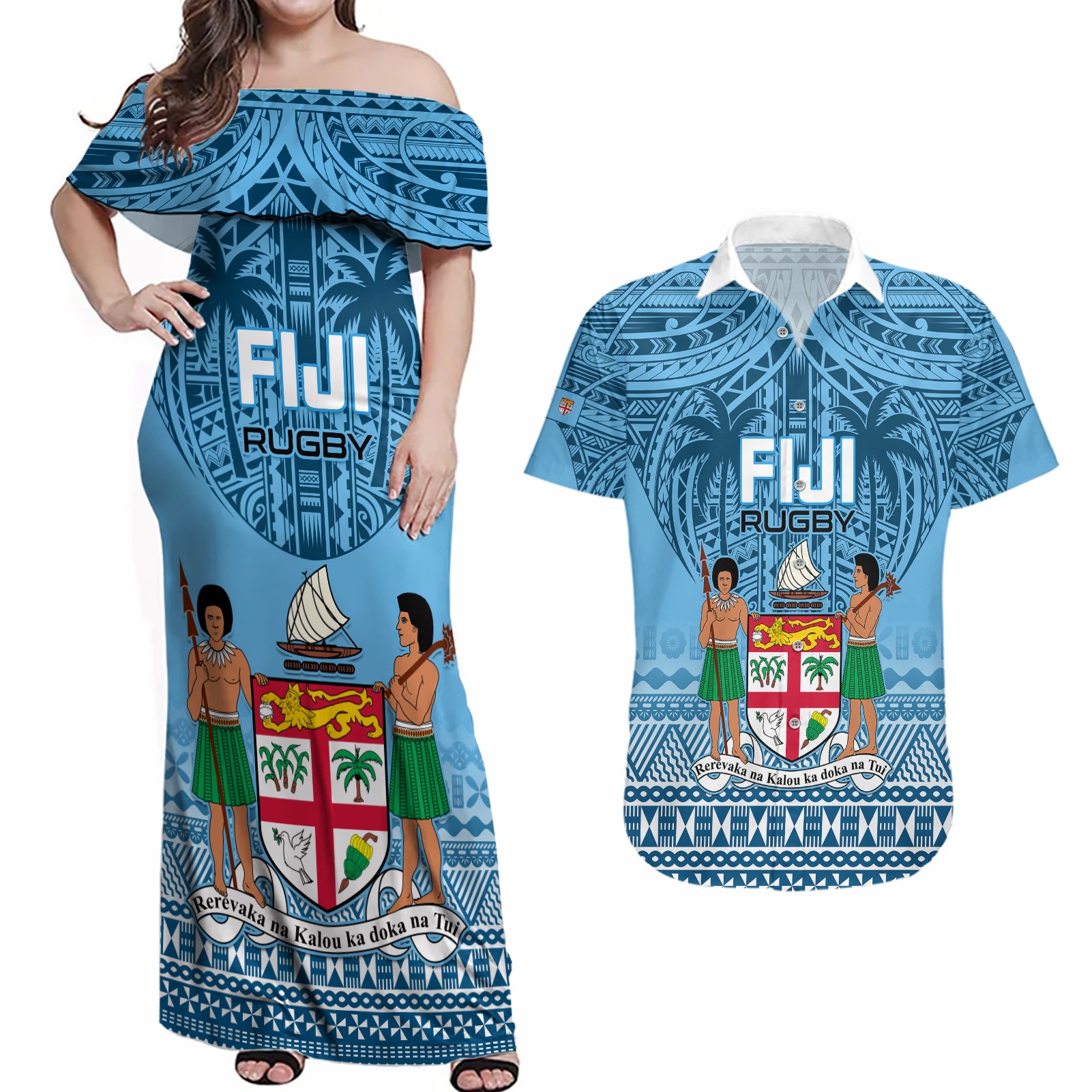 Custom Fiji Rugby Couples Matching Off Shoulder Maxi Dress and Hawaiian Shirt Fijian Go 2023 World Cup - Wonder Print Shop