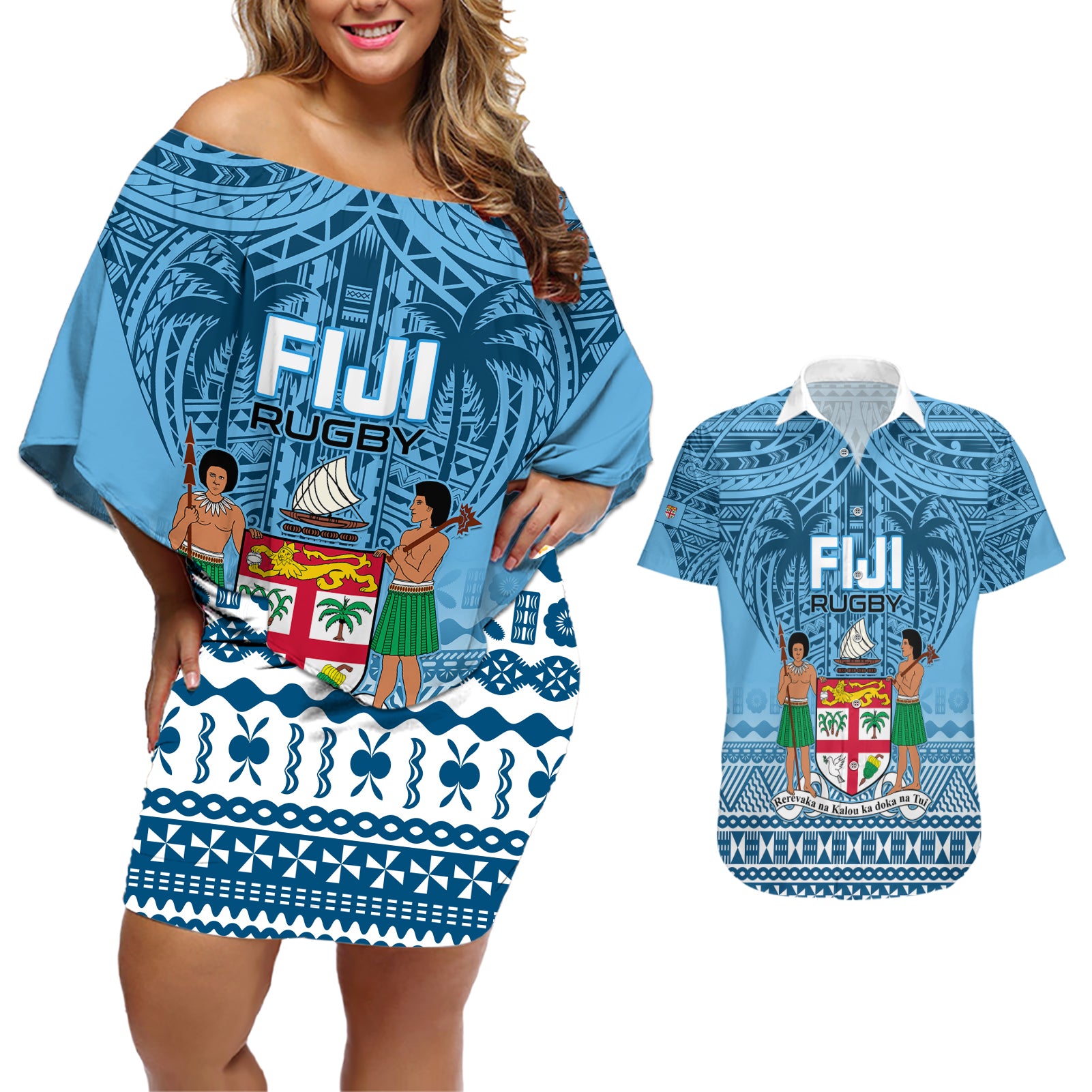 Custom Fiji Rugby Couples Matching Off Shoulder Short Dress and Hawaiian Shirt Fijian Go 2023 World Cup - Wonder Print Shop